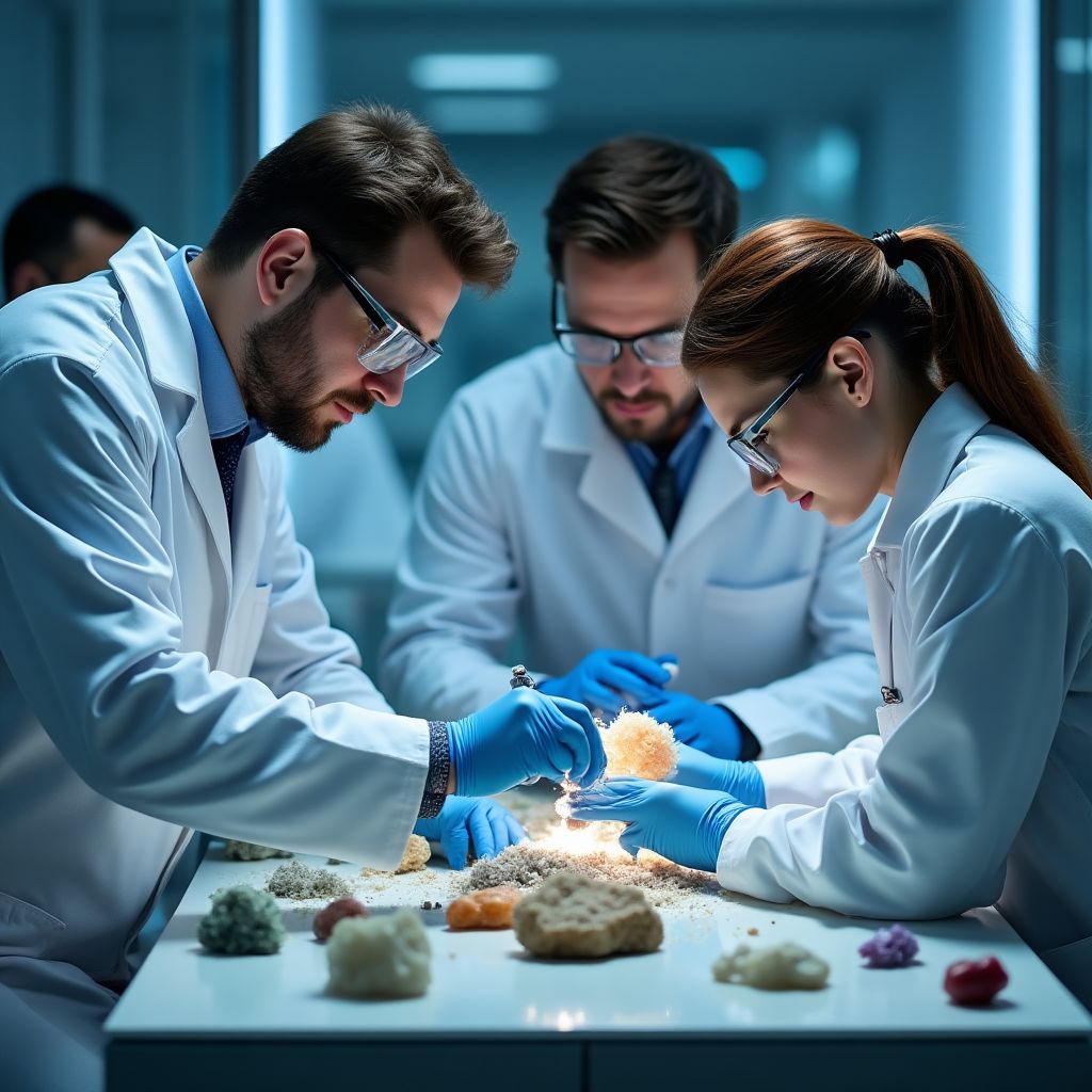 Equipo de especialistas mineros analizando muestras
